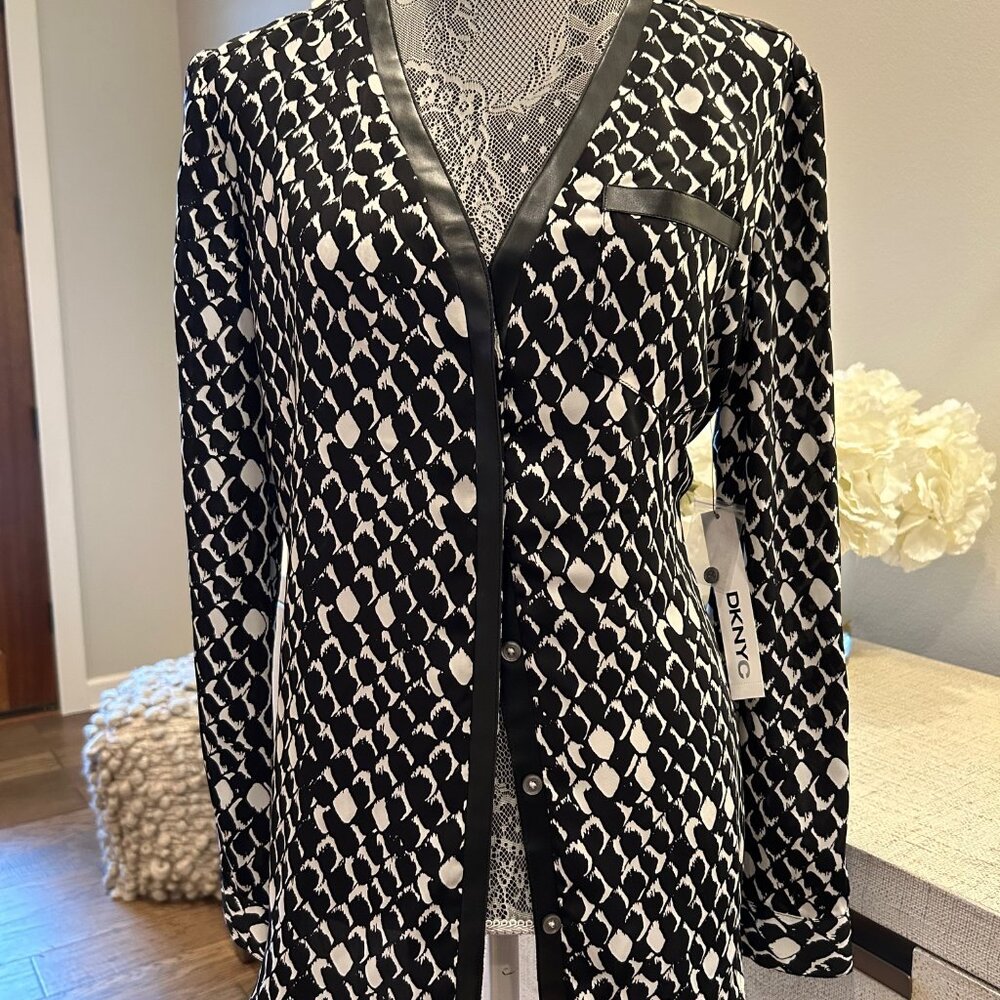 DKNYC Black Comb Blouse with Faux Leather Trim